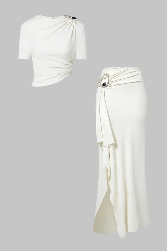 Metallic Decor Asymmetrical Ruched Short Sleeve Top And Irregualr Hem Split Skirt Set sold by Micas