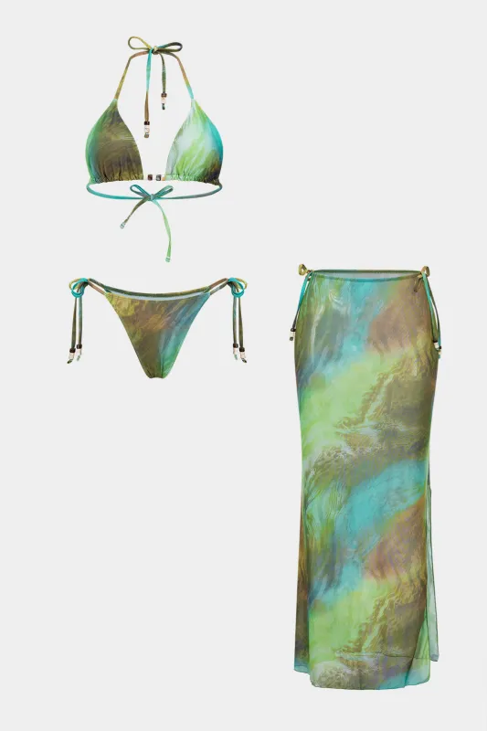 Contrast Print Beaded Tie-Up Bikini Set sold by Micas