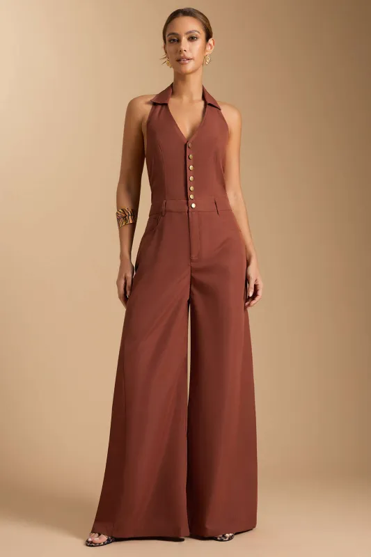 Halter V-Neck Button Smocked Pocket Sleeveless Jumpsuit sold by Micas