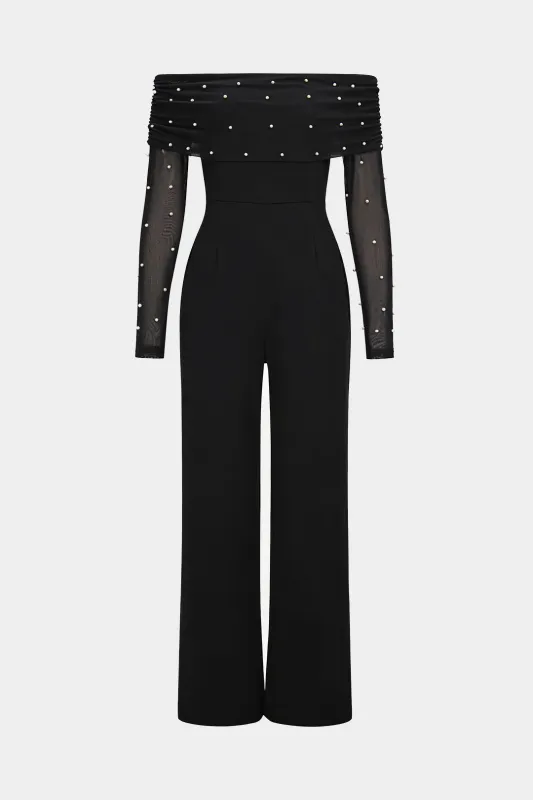 Pearl Decor Off-Shoulder Wide Leg Long Sleeve Jumpsuit sold by Micas