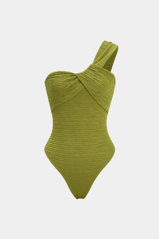 One Shoulder Crossed Ruched Sleeveless Bodysuit sold by Micas