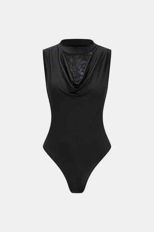 Patchwork Draped Cowl Neck Cut Out Sleeveless Bodysuit made by Micas