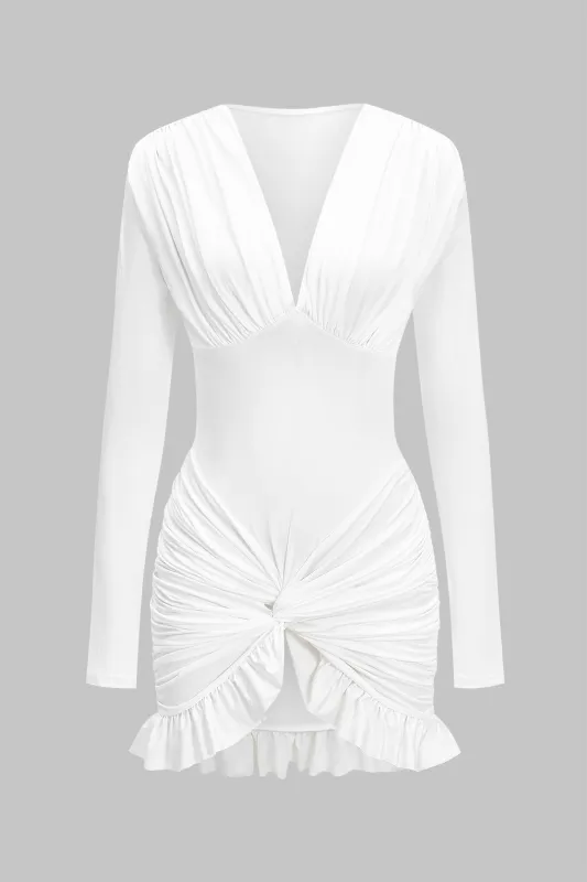 V-Neck Ruched Twist Knot Scallop Edge Long Sleeve Mini Dress sold by Micas