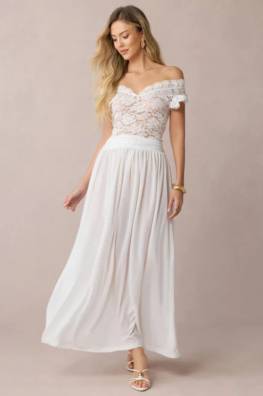 Sheer Lace Patchwork Off-Shoulder Ruched Sleeveless Midi Dress sold by Micas