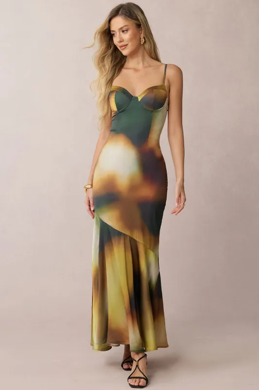 Tie Dye Print Satin Asymmetrical Ruffle Sleeveless Maxi Dress sold by Micas