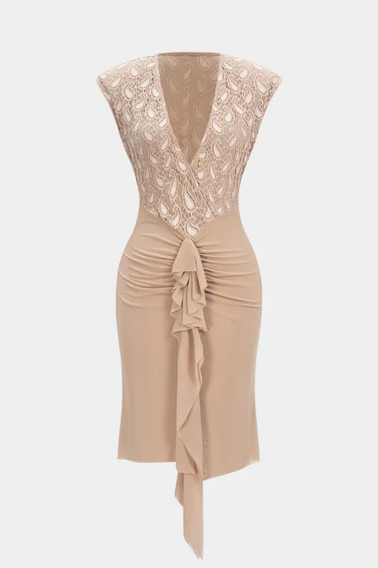 Jacquard Patchwork Mesh V-Neck Ruffle Sleeveless Midi Dress sold by Micas