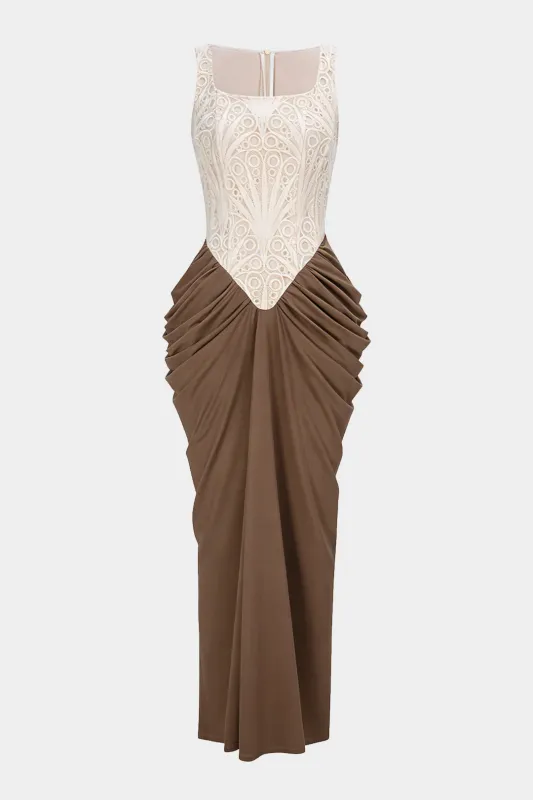 Embroidery Patchwork Square Neck Ruched Sleeveless Maxi Dress sold by Micas