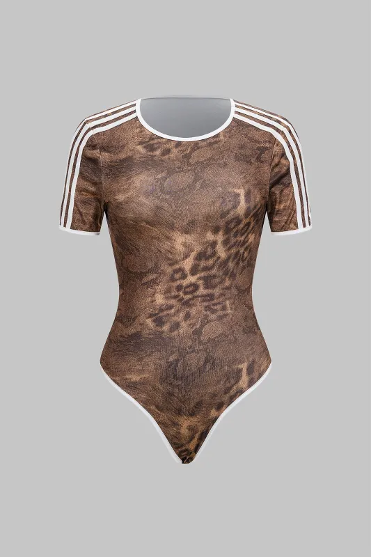 Leopard Stripes Print Round Neck Short Sleeve Bodysuit sold by Micas