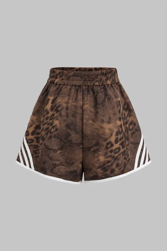 Leopard Print Stripes Shirred Waistband High Waist Shorts sold by Micas