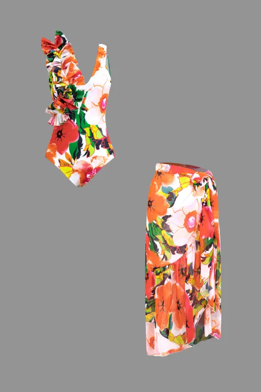 Floral Print V-Neck Ruched Ruffle Asymmetrical Bikini Set sold by Micas