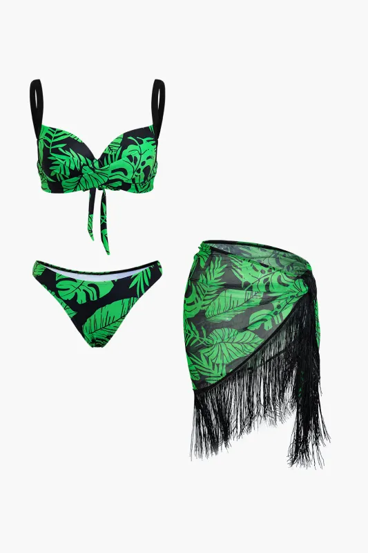 3PC Palm Leaf Print Tie Up Fringe Bikini Set sold by Micas