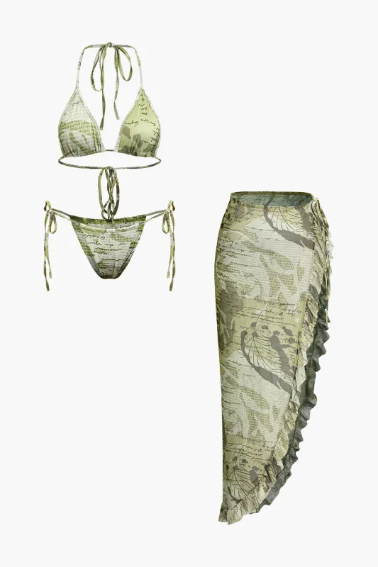Letter Print Backless Tie-Up Asymmetrical Bikini Set sold by Micas