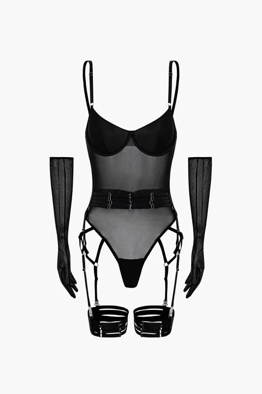 Mesh Cut Out Lingerie Garter Set With Gloves sold by Micas