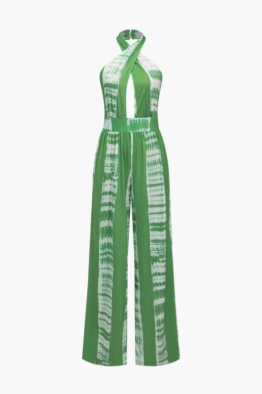 Tie Dye Print Halter Neck Crossed Cut Out Jumpsuit made by Micas