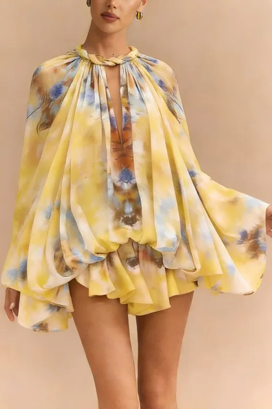 Tie Dye Print Chiffon Twist Knot Round Neck Cut Out Ruched Long-Sleeve Shirt sold by Micas