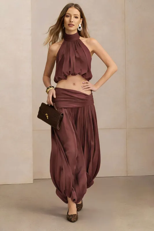 Satin Halter Neck Sleeveless Cropped Top And Ruched Balloon Pants Set sold by Micas