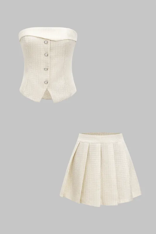 Pearl Button Tube Top And Pleated Skirt Set sold by Micas