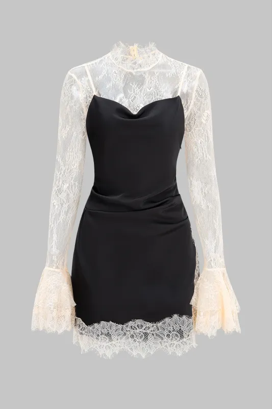 Lace Patchwork Satin Bell Long Sleeve Mini Dress sold by Micas