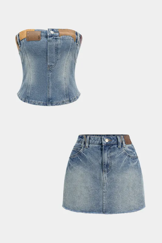 Denim Tube Top And Skirt Set sold by Micas