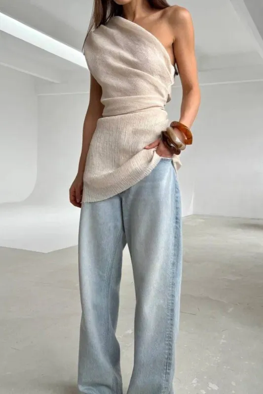 Knit One Shoulder Ruched Tank Top sold by Micas