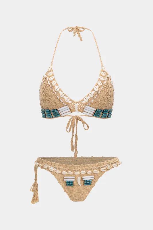Shell Beaded Decor Halter Neck Tie-Up Backless Bikini Set sold by Micas