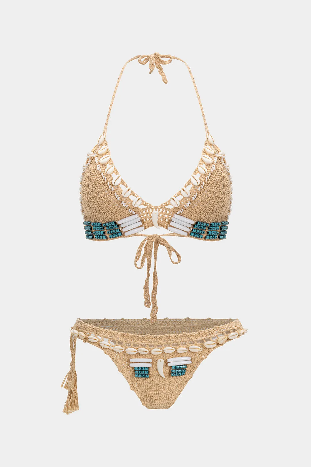 Shell Beaded Decor Halter Neck Tie-Up Backless Bikini Set sold by Micas