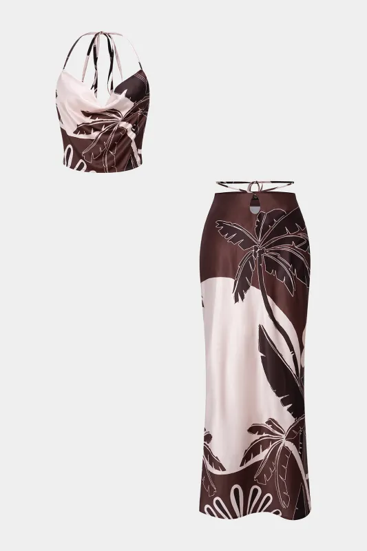 Coconut Palm Contrast Print Satin Halter Draped Cowl Neck Tie Back Backless Cami Top And High Waist Skirt Set sold by Micas