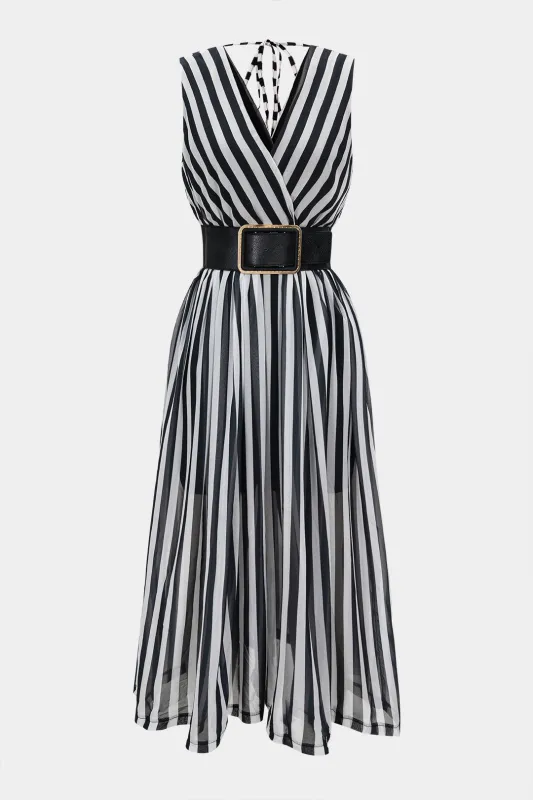 Stripes Print Chiffon Belted Tie Back Sleeveless Jumpsuit sold by Micas