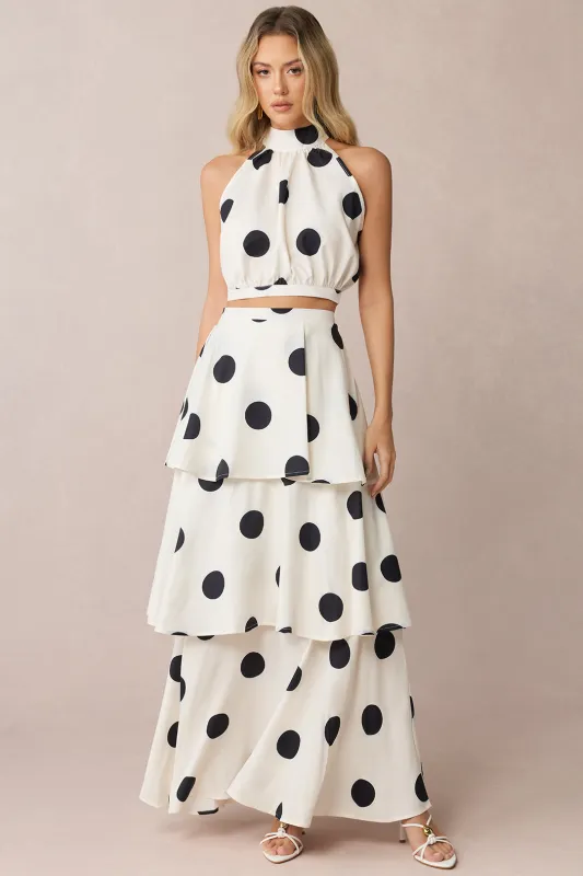 Polka Dots Print Halter Neck Sleeveless Top And Tiered Skirt Set sold by Micas