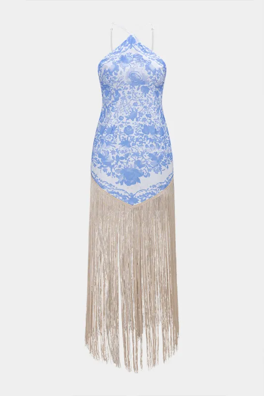 Floral Print Fringe Sleeveless Maxi Dress sold by Micas