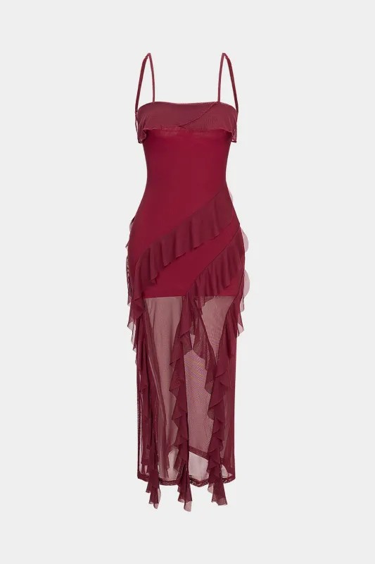 Mesh Patchwork Asymmetrical Ruffle Tie Back Sleeveless Maxi Dress sold by Micas