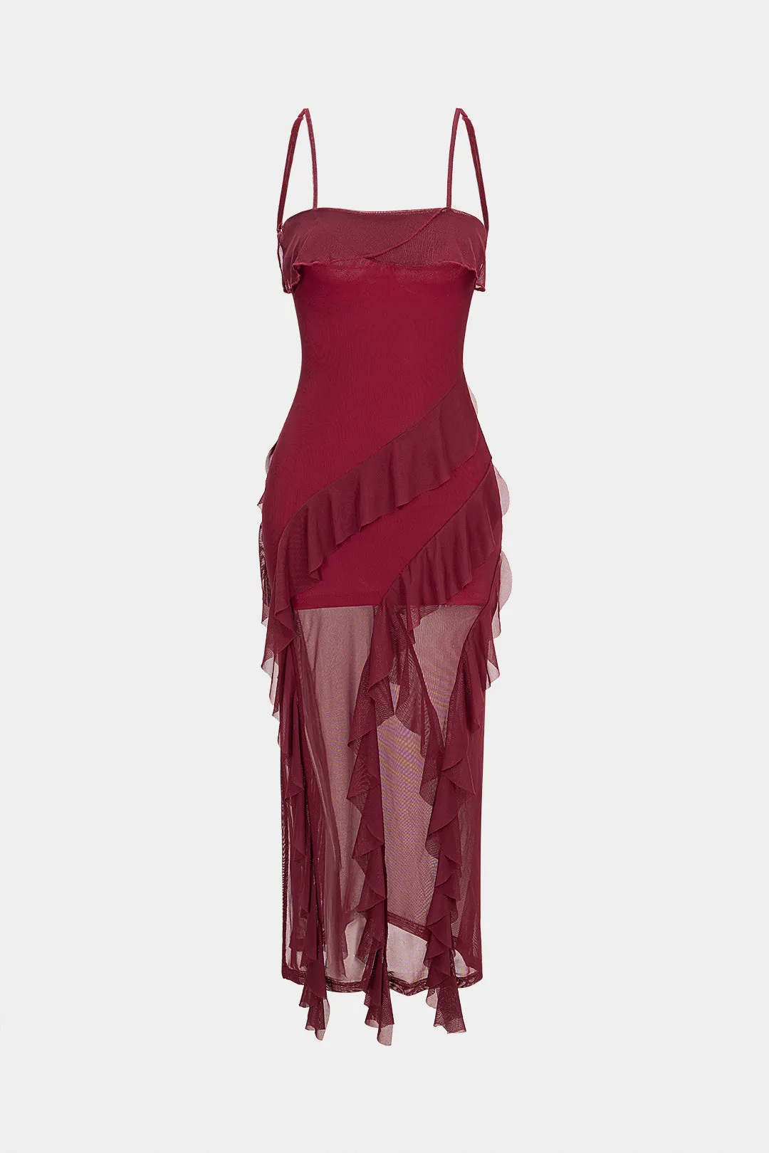 Mesh Patchwork Asymmetrical Ruffle Tie Back Sleeveless Maxi Dress sold by Micas