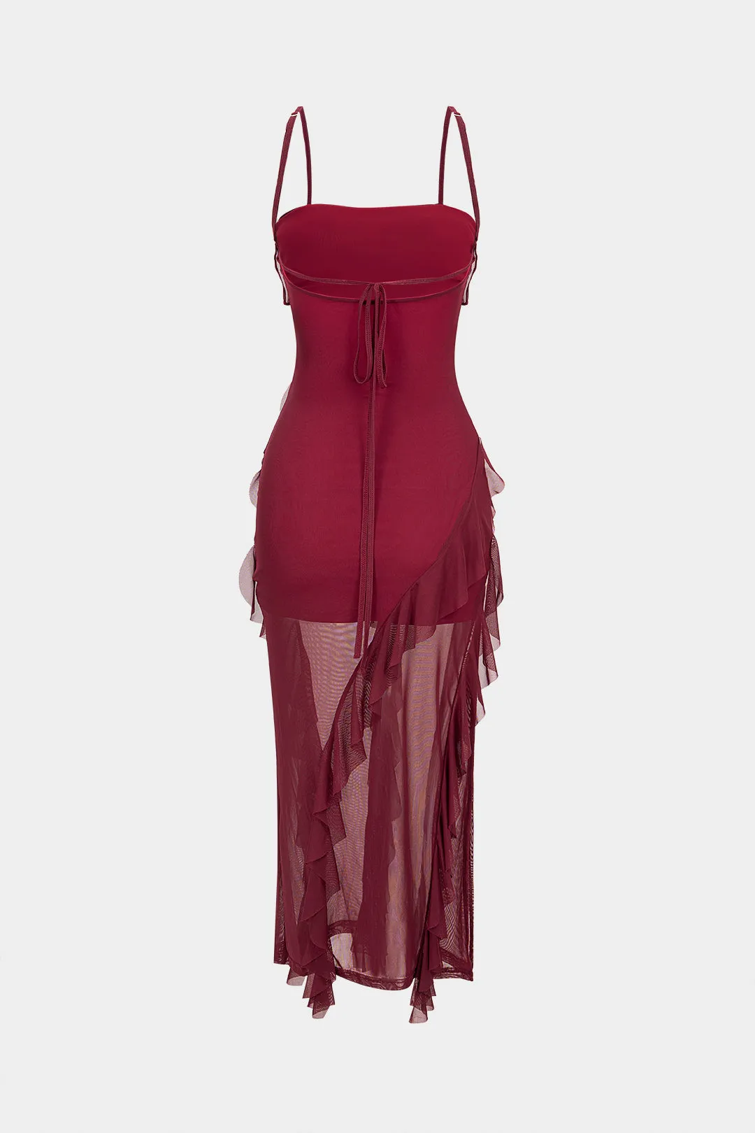 Mesh Patchwork Asymmetrical Ruffle Tie Back Sleeveless Maxi Dress sold by Micas product image thumbnail 2