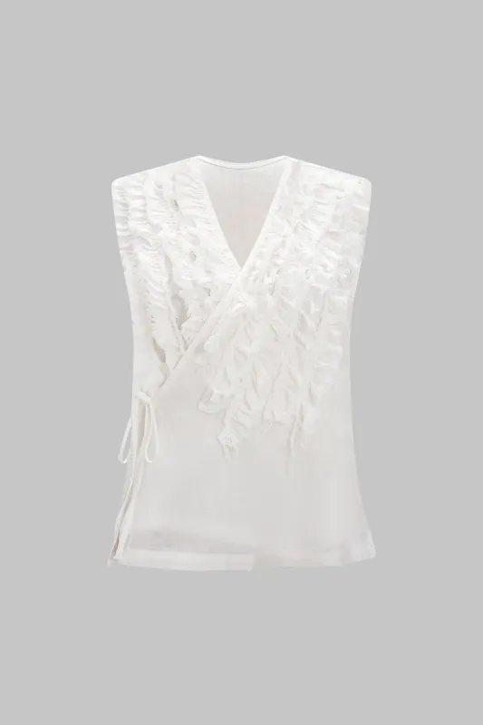 Frayed Ruffle Ruched Tie-Up Asymmetrical Vest made by Micas