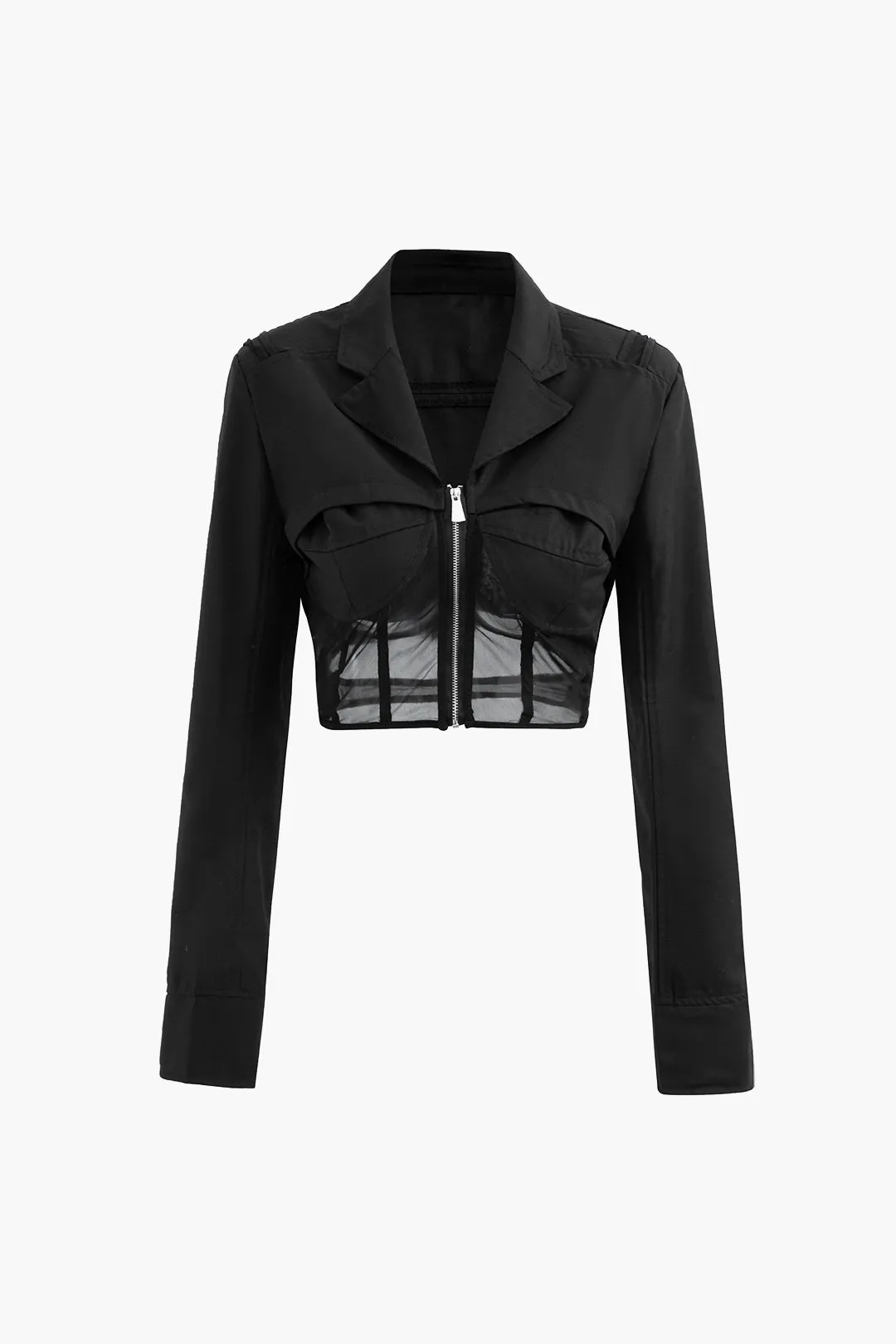 Mesh Patchwork Zipper Ruched Jacket sold by Micas