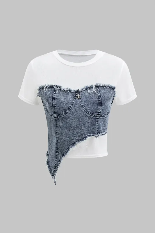 Denim Patchwork Asymmetrical Short Sleeve T-Shirt sold by Micas