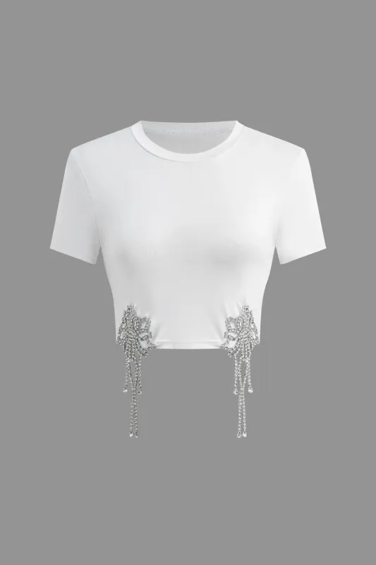 Rhinestone Fringe Trim Short Sleeve T-Shirt sold by Micas