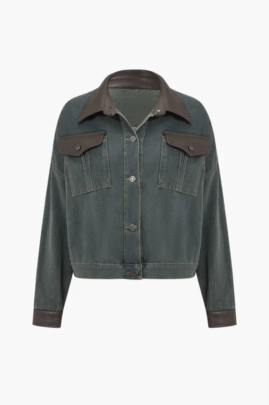 Denim Patchwork Faux Leather Pocket Outerwear sold by Micas