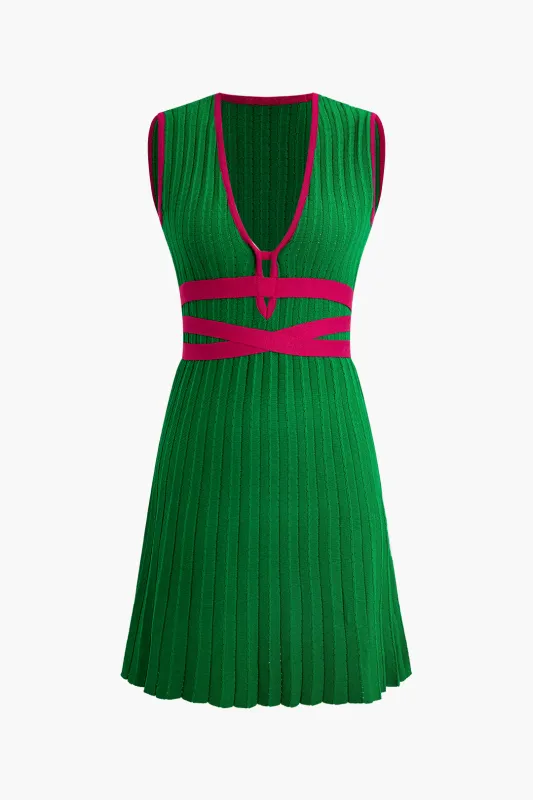 Knit Contrast Deep V-Neck Pleated Sleeveless Dress sold by Micas