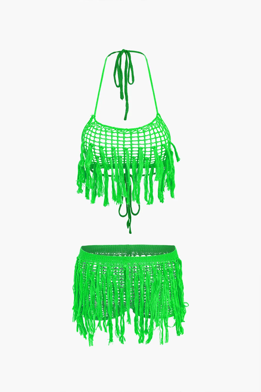 Knit Halter Neck Tie Up Fringe Cut Out Backless Cami Top And shorts Set sold by Micas