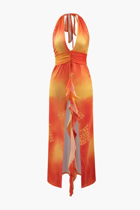 Abstract Print Halter Neck Tie Up Ruched Backless Slit Sleeveless Maxi Dress sold by Micas