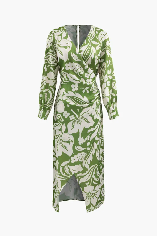 Floral Print V-Neck Asymmetrical Ruched Long Sleeve Maxi Dress sold by Micas