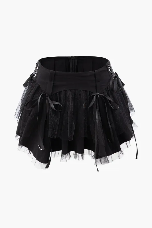 Mesh Patchwork Asymmetrical Bow Zipper Skirt made by Micas