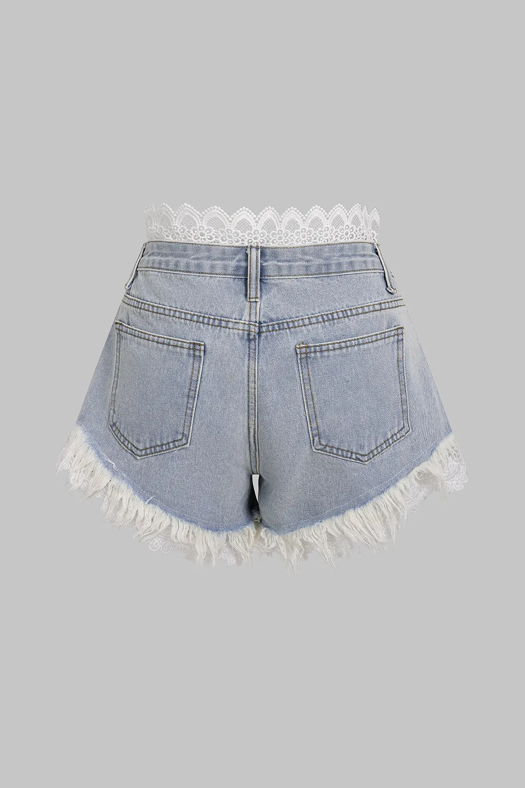 Denim Patchwork Lace Trim Fringe High Waist Shorts sold by Micas product image thumbnail 2