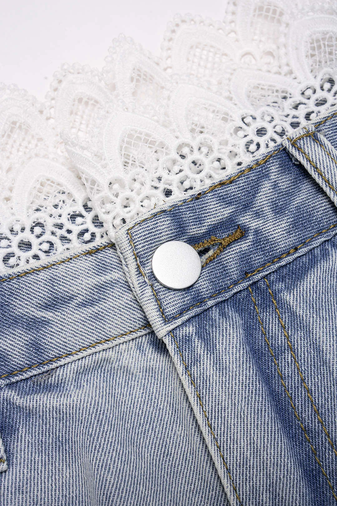 Denim Patchwork Lace Trim Fringe High Waist Shorts sold by Micas product image thumbnail 3