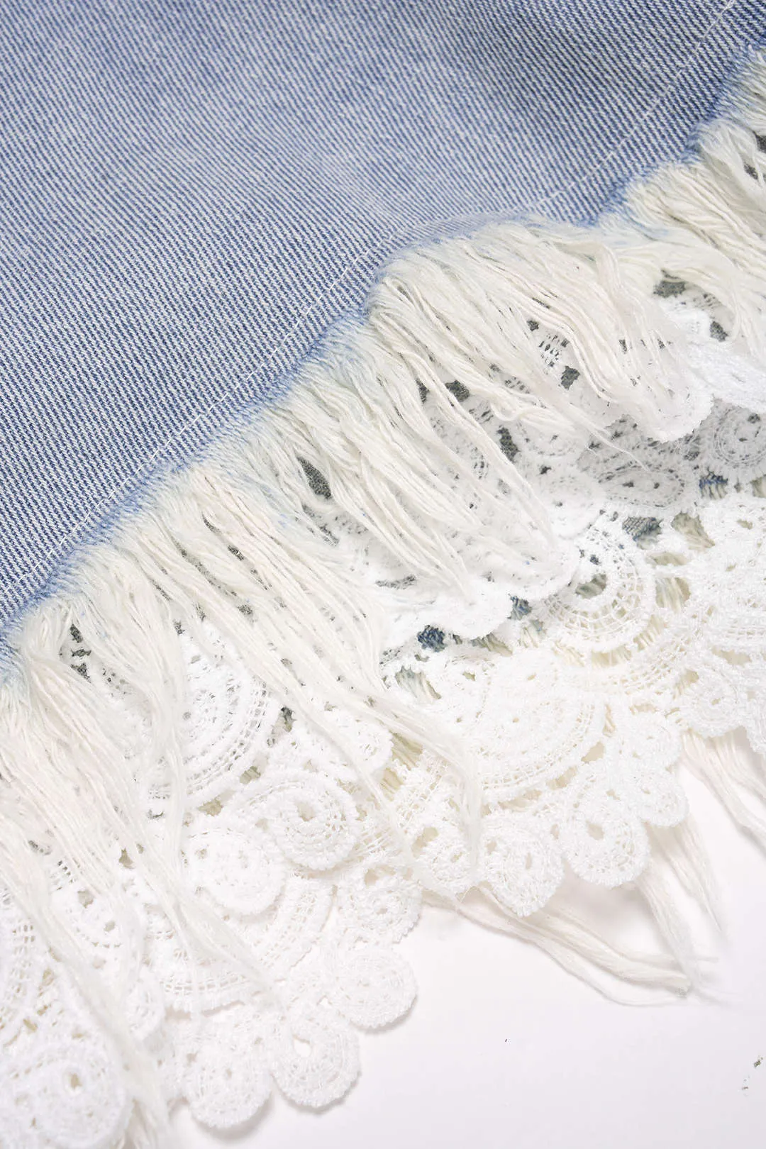 Denim Patchwork Lace Trim Fringe High Waist Shorts sold by Micas product image thumbnail 4