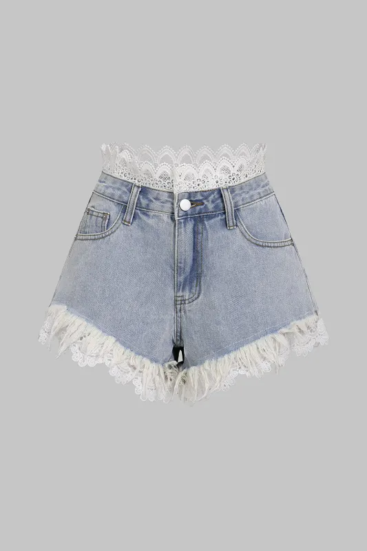 Denim Patchwork Lace Trim Fringe High Waist Shorts made by Micas
