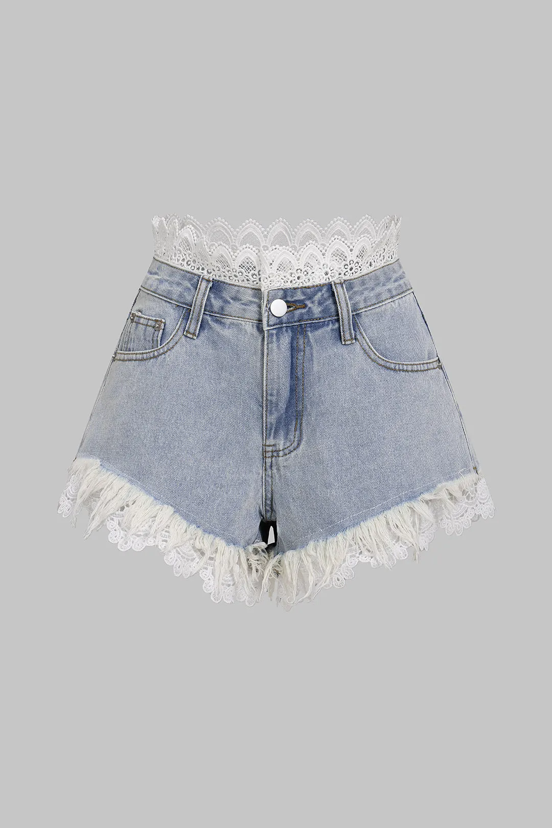 Denim Patchwork Lace Trim Fringe High Waist Shorts sold by Micas