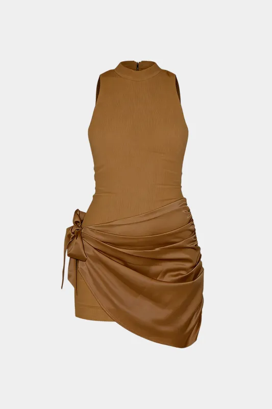 Plus Size Satin Patchwork Round Neck Ruched Tie-Up Sleeveless Mini Dress sold by Micas