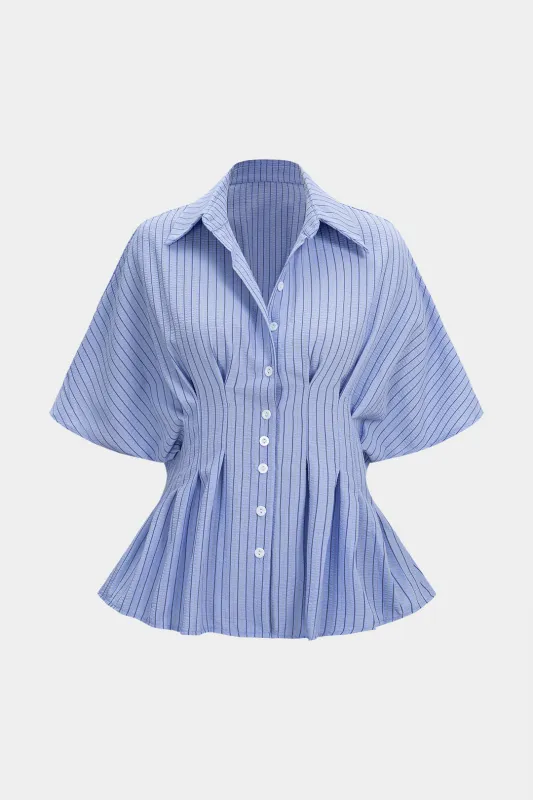 Stripes Print Lapel Ruched Short Sleeve Shirt sold by Micas